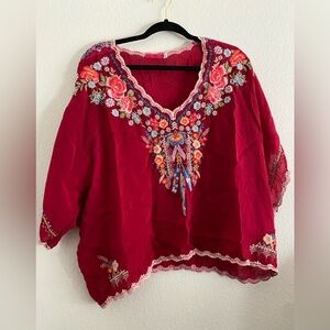 Johnny Was Blouse Top Kimono Style Embroidered Boho Hippie
